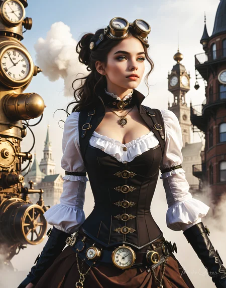 A photorealistic, cinematic portrait of a stunning young woman, around 20 years old, immersed in a vibrant steampunk world. Her attire is a masterpiece of intricate craftsmanship, blending Victorian elegance with fantastical, mechanical elements. Gears, cogs, and polished brass adorn her corset, goggles rest upon her forehead, and intricate clockwork mechanisms peek out from beneath her skirts. Her expression is one of curiosity and wonder, her eyes sparkling with the thrill of adventure. The background is a bustling steampunk cityscape, filled with towering clock towers, airships floating amidst billowing steam, and a warm, golden light filtering through the smog. The composition adheres to the golden ratio, creating a visually pleasing and harmonious image.