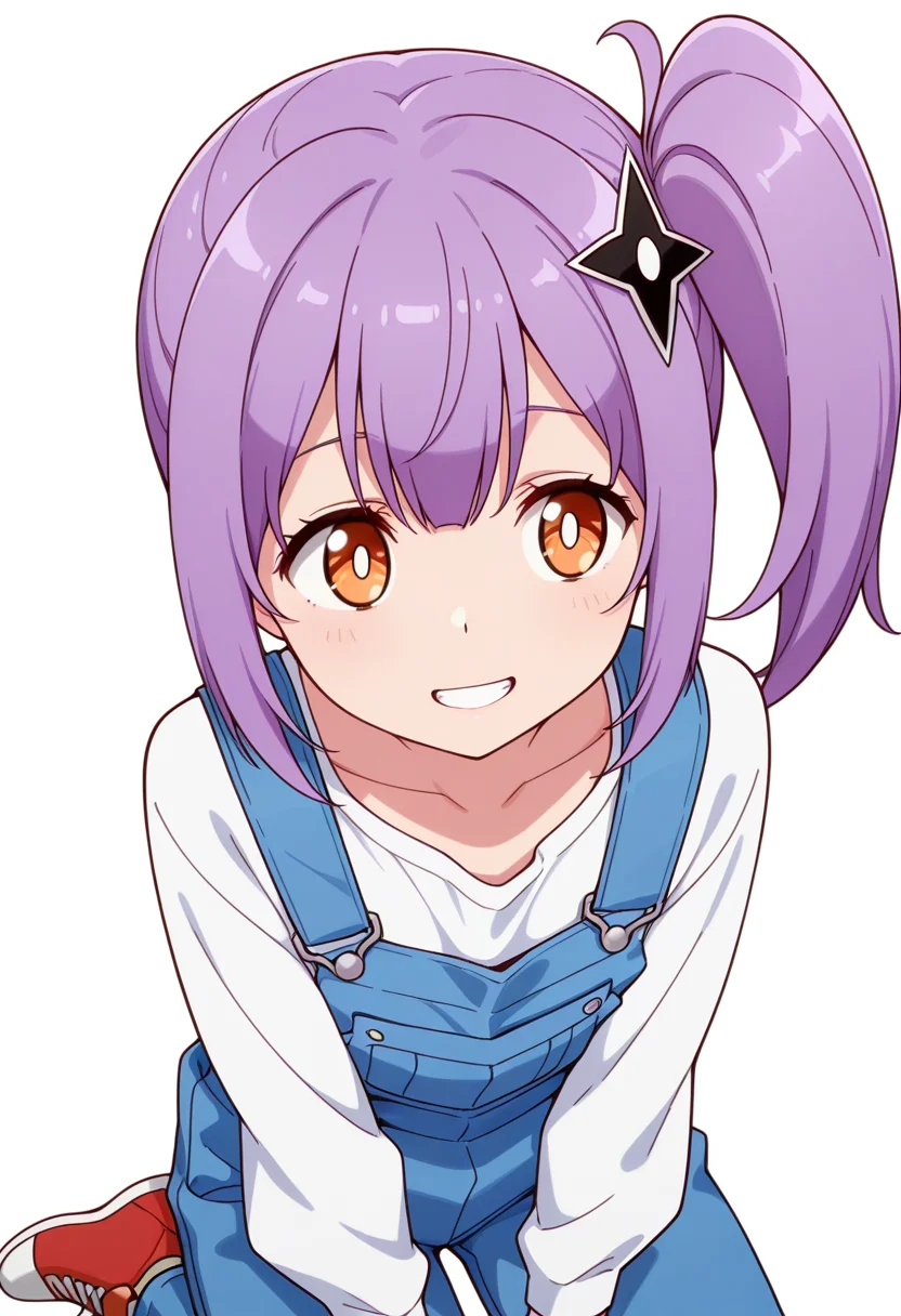 masterpiece,high quality details, absurdres,
<lora:Satoko_Kusagakure:0.9>
satoko_cnr, 1girl, purple hair, long hair, side ponytail,orange eyes,hair ornament,sidelocks,
satoko_s2, collarbone,overalls,white shirt, long sleeves, pants, red footwear, shoes,, simple background, white background, front view,solo,, grin,worried,, \(^o^)/,