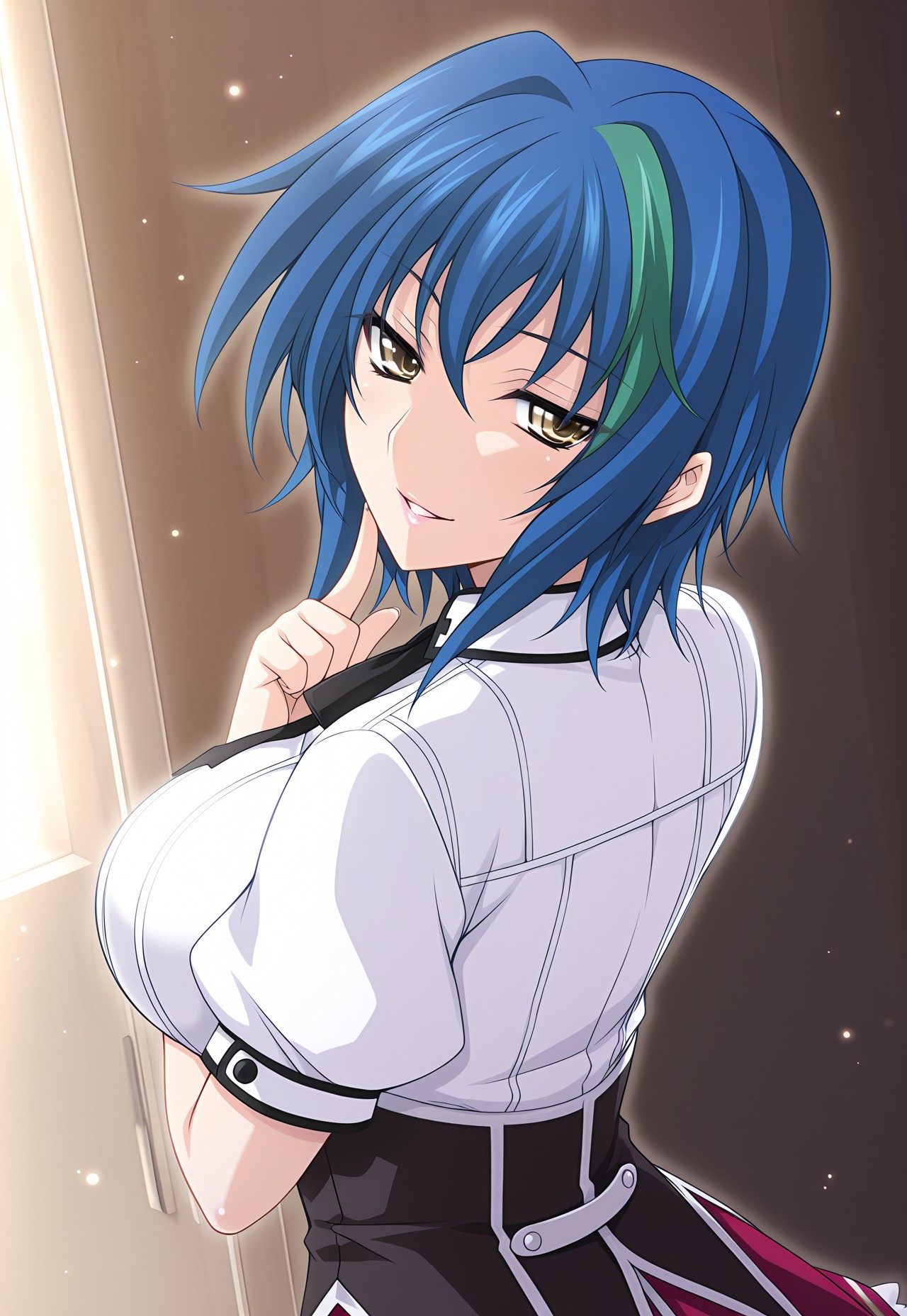masterpiece,best quality,amazing quality,
1girl,L_Cation2,female,fair skin,chin-length,xenovia quarta,dxd-xenovia,\(ハイスクールD×D©\),show accurate proportions,soul,emotions,alive,cocky,smirk,(parted lips:1.2),black eyelashes,thick eyelashes,"ultra-detailed-eyes,half-closed eyes,detailed eyes,perfect eyes,(gold eyes:1.5)",well-endowed,big breasts,"blue hair,ahoge,between eyes,bangs,two-tone hair,short hair,dyed green fringe,streaked hair",(multicolored hair,blue hair,green hair:1.2),kuoh academy school uniform,school uniform,collared shirt,white shirt,vertical-striped shirt,neck ribbon,black ribbon,black corset,buttons,frilled skirt,red skirt,pleated skirt,frills,upper_body,looking_at_viewer,standing,smile,finger to own chin,looking_back,from behind,from_back,dynamic_angle,cinematic_angle,dutch angle