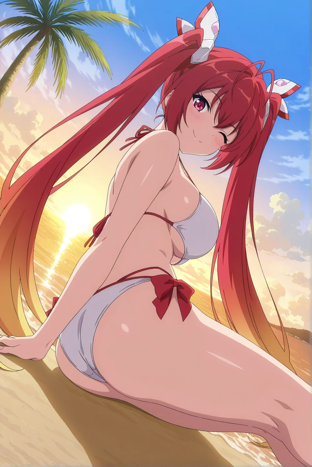 masterpiece, best quality, amazing quality, very aesthetic, absurdres, newest, scenery, best quality, anime coloring, (detailed eyes:1.2), scenery, backlight, moody lighting, t-red, 1girl, red eyes, red hair, twintails, very long hair, ahoge, gradient hair, multicolored hair, mature, smile, large breasts, looking at viewer, smile, swimsuit, one eye closed, bikini, white bikini, blush, ribbon, ass, sitting, tiara, from below, dutch angle, suggestive pose, beach, sun, tree, sea