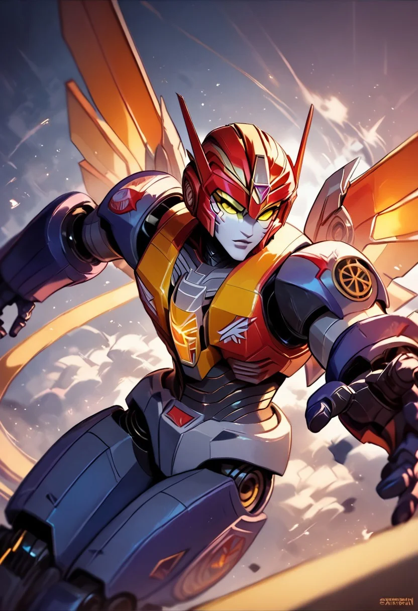 score_9_up, score_8_up, score_7_up,score_6_up, rating_safe, style_comics, transformers g1, transformers, starscream, robot with jet wings, yellow cockpit in middle of chest, fans on sides of chest, vents on sides of head, red and silver, action pose,