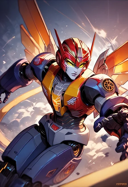 score_9_up, score_8_up, score_7_up,score_6_up, rating_safe, style_comics, transformers g1, transformers, starscream, robot with jet wings, yellow cockpit in middle of chest, fans on sides of chest, vents on sides of head, red and silver, action pose,