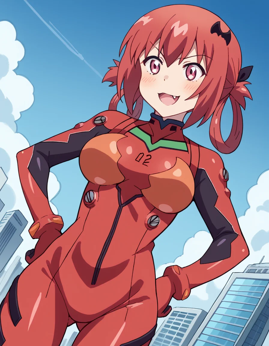 score_9, score_8_up, score_7_up, source_anime, <lora:satanichia-kurumizawa-mcdowell-s1-ponyxl-lora-nochekaiser:1>, satanichia kurumizawa mcdowell, hair ornament, red hair, hair rings, bat hair ornament, pink eyes, skin fang, large breasts,, <lora:souryuu-asuka-langley-cosplay-ponyxl-lora-nochekaiser:1>, souryuuasukalangleycosplay, souryuu asuka langley (cosplay), bodysuit, pilot suit, plugsuit, red bodysuit, interface headset,, cityscape, smile, blush, hands on hips,, , cowboy shot, dutch angle