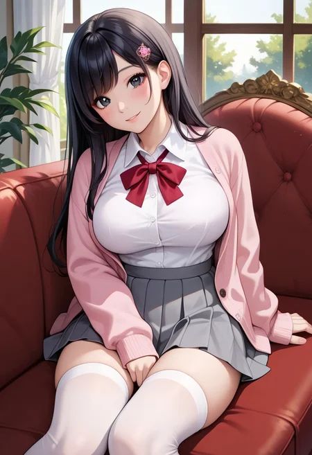 score_9, score_8_up, score_7_up, source_anime, 
detailed eyes, eye reflection,
japanese girl,
black eyes, black hair, long hair, princess cut, bangs, hairpin,
large breasts,
pink cardigan, open cardigan, neck ribbon, red ribbon, collared shirt, white shirt, long sleeves,
skirt, pleated skirt, grey skirt,
thighhighs, white thighhighs,
indoors, window, curtains, tree,
1girl, blush, smile,
sofa, lying on sofa,