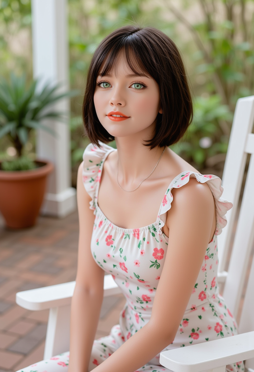 Hyperrealistic, She is approximately 18 years old, she is smiling, dynamic angles, multiple angles,She is looking at the camera, photoshoot poses; A photo of Eurus_Wbody, She has short Brown hair, She is wearing a white floral print dress She is sitting in a white deck chair, on a front porch lined with beautiful flower pots. and the girl is posing confidently,  the lighting is soft, creating a flattering and athletic appearance. The overall composition of the image is dynamic and energetic,  she is posing for the camera with a smile on her face. Style: realistic hyper-detailed rendering, 32k UHD, expressive eyes, punk, graphic design, girl's face, pretty and cute, gleaming lips, telling a tale of adventure. Exuding confidence and serenity. The overall mood of the image is happy and relaxed,detailed skin texture,(blush:0.2),(goosebumps:0.3),subsurface scattering,with a playful and whimsical tone, Niji style, retro50s_style, Detailed hand, perfect hand, hand,
