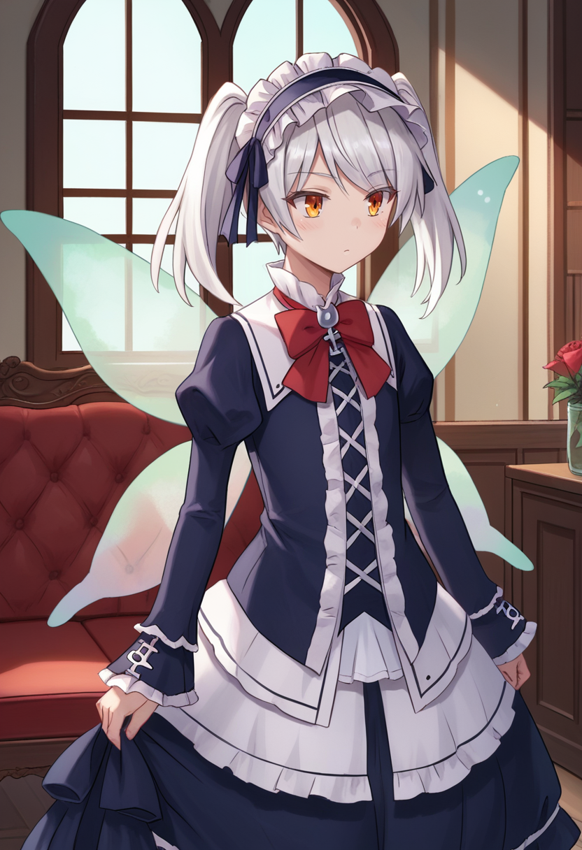 zPDXL, source_anime,
iwsleen, twintails, small breasts,  white hair, fairy wings, 
standing, cowboy shot, 
indoors,
<lora:leen-pony3-005:0.6>