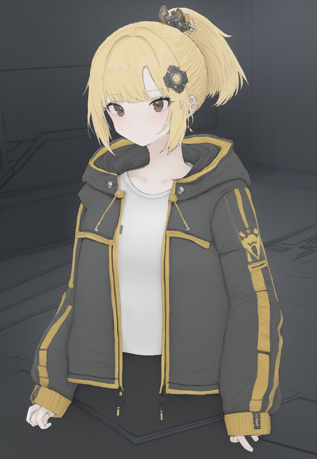 masterpiece, best quality, V4NGU4RD, 1girl, blonde hair, ponytail, jacket, short hair, brown eyes, science fiction, hood, hood down, open clothes, Vanguard Jacket, hair ornament