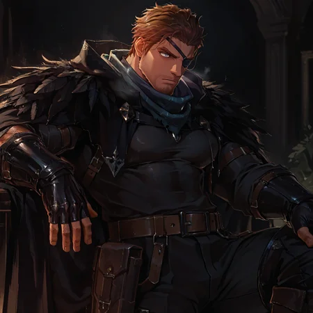 <lora:Corvus__Alchemist_Code-000003:.7>, tagatamecorvus, corvus_brunette, corvus_grey eyes, 1boy, short hair, solo, male focus, manly, bara, mature male, muscle body, scarf, handband, cloak, shirt, long sleeves, fingerless gloves, feather trim, belt, pants, boots, eyepatch
{upper body|cowboy shot}, 
(very short hair), male focus, muscular male, large pectorals, muscular male, bara, mature, (hairy body, hairy, body hair, arm hair, leg hair, hairy body, glossy skin, bara, mature, facial hair, beard, full beard, sideburn, mustache, stubble), facial hair, bara, mature, body hair, aixiwuganda_(20222192), very awa, masterpiece, best quality, absurdres, newest, perfect quality, detailed background, intricate details,<lora:slider_Body Type_alpha1.0_rank4_noxattn_last:2><lora:Anime Summer Days 2 Style SDXL_LoRA_Pony Diffusion V6 XL:.6><lora:merged:.7>, DARK, DARK BACKGROUND, LOW-KEY LIGHTING <lora:slider_cfg_scale_boost:.7><lora:Artist6p:.55>, Artist6p, Artist04p,<lora:slider_il_brightness_slider_d1:-.5><lora:slider_il_contrast_slider_d1:-.25>,<lora:slider_contract_controller_illus01_v1:.3>, <lora:addon_illustriousXLv01_stabilizer_v1.121:.5>,<lora:slider_DarkSlider1.2_alpha1.0_rank16_full_300steps:-.2><lora:Heavenly_Beauty_r1:1>, (heavenlybeauty,)<lora:slider_style_strength_controller_illus01_v1:.25>