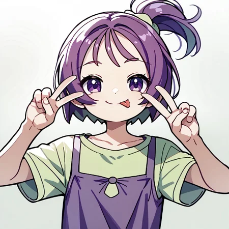 score_9, score_8_up, score_7_up BREAK Onpu1, 1girl, purple hair, bob cut, ponytail, purple eyes, light green hair scrunchie, sleeveless purple dress, short-sleeve light green shirt, dark purple short leggings, yellow white sneakers, cowboy shot, tongue out, smile, hands peace sign,