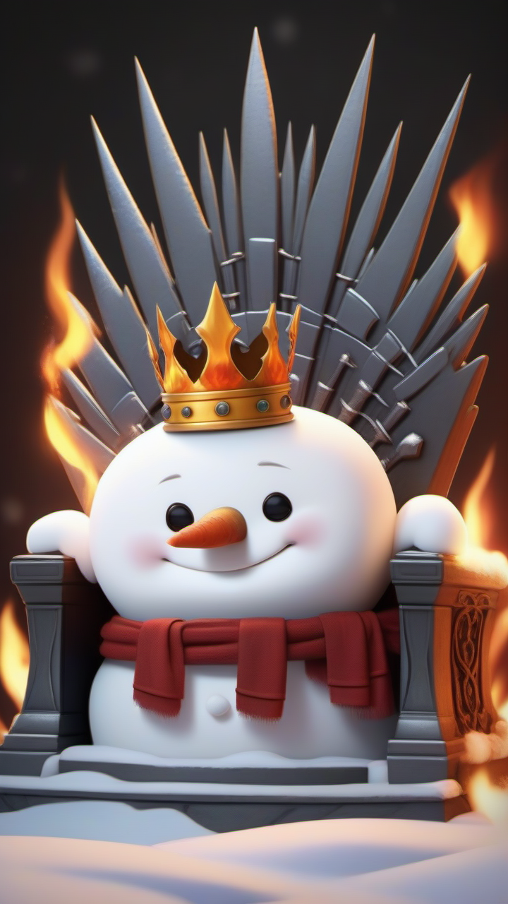 with the crown,snowman,sitting on the iron throne,evil,there's a flame in the back,<lora:snowma_XSE_V1-000004:1>,best Quality,in the style of temmie chang,in the style of realistic and hyper-detailed renderings,strong diagonals,colorful illustrations,2D game art,black outline,3D rendering,4k resolution,best Quality,