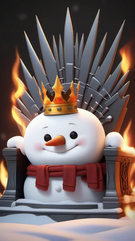 with the crown,snowman,sitting on the iron throne,evil,there's a flame in the back,<lora:snowma_XSE_V1-000004:1>,best Quality,in the style of temmie chang,in the style of realistic and hyper-detailed renderings,strong diagonals,colorful illustrations,2D game art,black outline,3D rendering,4k resolution,best Quality,