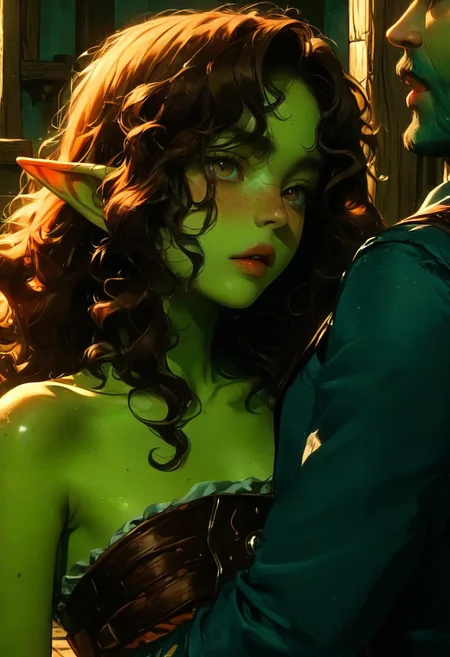 score_9, score_8_up, score_7_up, 1girl, goblin, dark green skin, solo female focus, large pointed ears. skinny, wild red hair, long hair, loose curly hair, green skin, freckles, Freckled ass, beautiful yellow eyes, small breasts, brown loin cloth, chest wrap. Pouting lips. Blushing, happy loving expression. Held off ground. Carried.
1boy, muscular human man. Huge man. Giant man, Adventurers leather armor, Head hidden out of frame. Dynamic angle. Big dom small sub, hetero, size difference, standing, hugging. From behind. Fully dressed.
Inside Tavern bedroom
