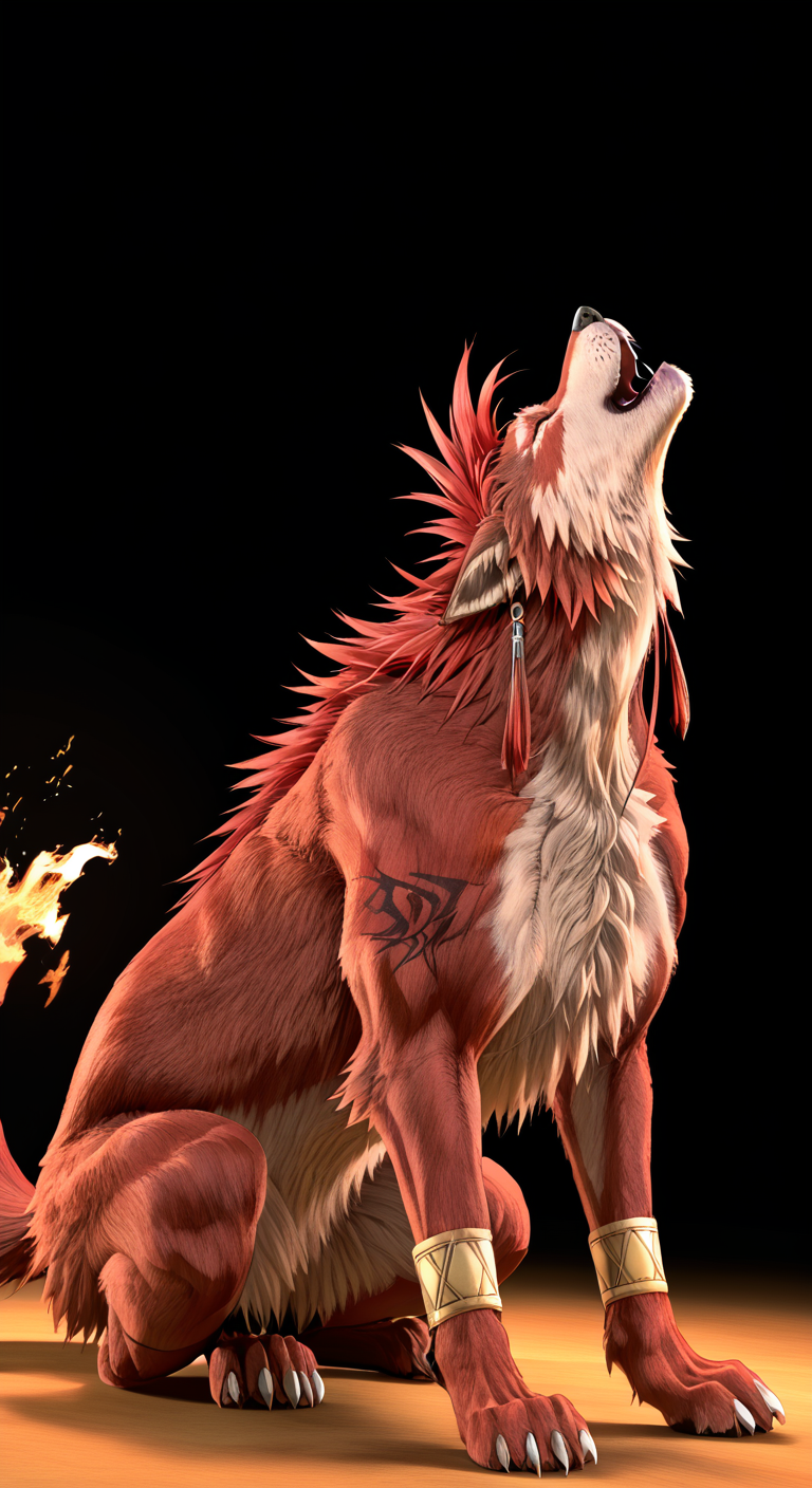 <lora:Howling_Canine:0.5>,<lora:Nanaki XL>,Nanaki Howling,howling,red wolf howling,Red XIII,monsterous wolf,sitting pose,head back,mouth open,highres,absurdres,incredibly absurdres,huge filesize,wallpaper,nanaki,fire tail tip,muscular,long neck