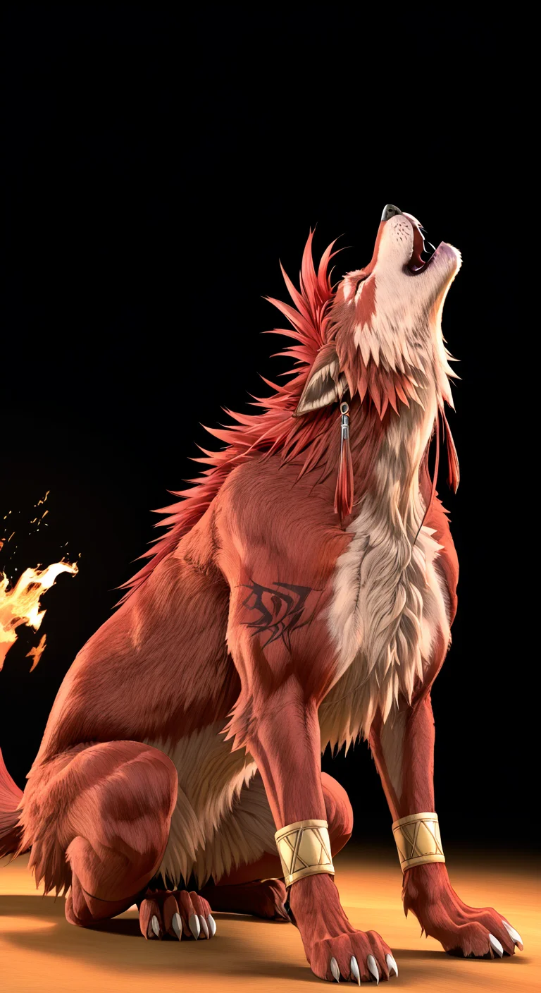 <lora:Howling_Canine:0.5>,<lora:Nanaki XL>,Nanaki Howling,howling,red wolf howling,Red XIII,monsterous wolf,sitting pose,head back,mouth open,highres,absurdres,incredibly absurdres,huge filesize,wallpaper,nanaki,fire tail tip,muscular,long neck