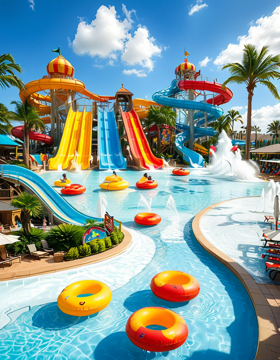 A vibrant and exciting water park on a sunny summer day, filled with families and friends enjoying the attractions. In the foreground, a massive twisting water slide with bright colors (blue, yellow, and red) spirals down into a large, crystal-clear pool. People are mid-air, splashing into the water with big smiles and excitement on their faces. To the left, a lazy river with inflatable tubes gently floats visitors under small waterfalls and palm trees. In the center, a giant wave pool creates artificial waves, with children and adults riding them on inflatable boards. A tall, multi-story play structure with water cannons, tipping buckets, and small slides is surrounded by kids laughing and playing. The background features lounge chairs with sunbathers, colorful umbrellas, and a snack bar selling ice cream and drinks. The sky is bright blue with fluffy white clouds, and the sunlight reflects off the wet surfaces, enhancing the cheerful summer atmosphere. The overall mood is fun, energetic, and full of joy.
<lora:SDXLFaeTastic2400:0.4> <lora:extremely_detailed:0.4> extremely detailed, <lora:water_p4rk:1>,water p4rk, Masterpiece,best quality,hi res,8k,hi res,8k,award winning,(sharp focus, intricate, highly detailed),