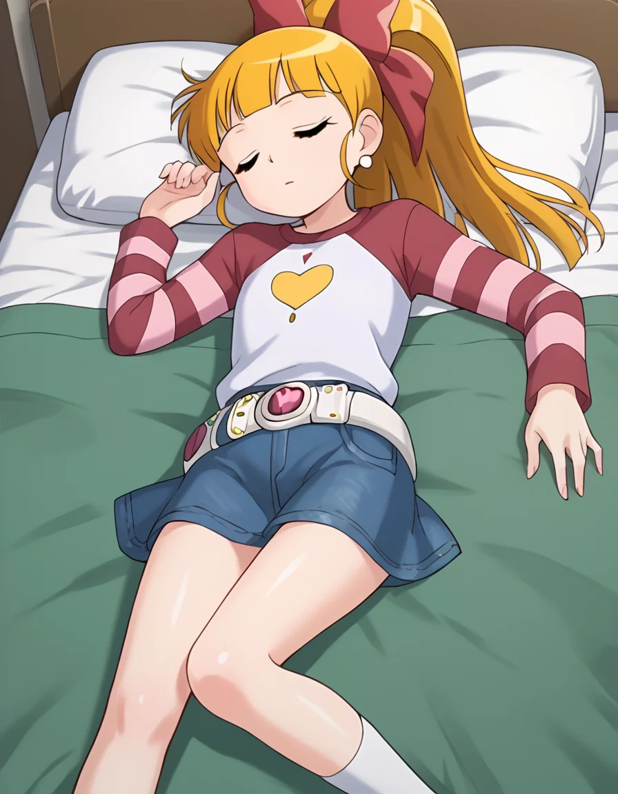 <lora:Momoko:1>score_9, score_8_up, score_7_up,  1girl, solo, detailed,(female child:1),source_anime,,momoko casual, denim skirt, striped shirt, striped sleeves,raglan sleeves,long sleeves,long hair,ponytail,denim skirt,belt,white socks,no shoes,on bed,sleeping,
