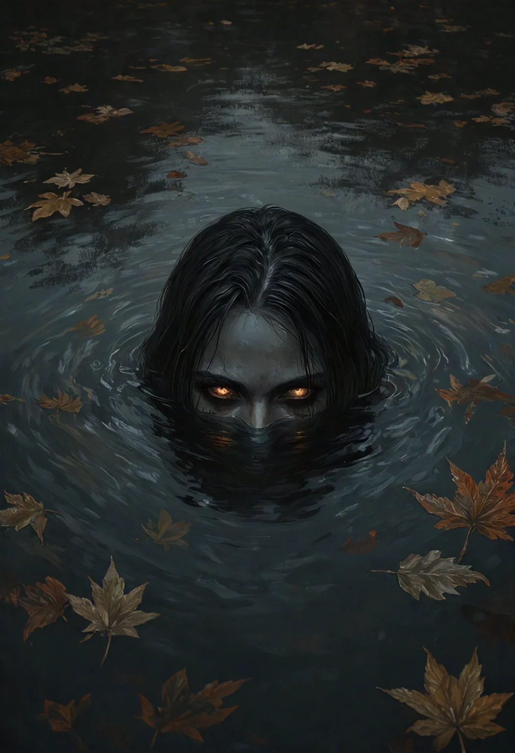 A dark, atmospheric digital painting of a mysterious figure partially submerged in water, with only the upper face and intense, glowing eyes visible above the surface. The character has long, dark hair that blends into the water, creating an eerie and seamless transition. The figure’s intense gaze is directed at the viewer, with eyes that emit a haunting, golden glow, adding a supernatural element to the scene.
The water is littered with autumn leaves in shades of brown, orange, and red, floating around the character and enhancing the moody, melancholic ambiance. Soft reflections and subtle ripples distort the figure’s form in the water, adding depth and a sense of hidden danger. The overall style is dark, detailed, and painterly, capturing a sense of mystery, suspense, and the unsettling beauty of a quiet, isolated water scene in late autumn.