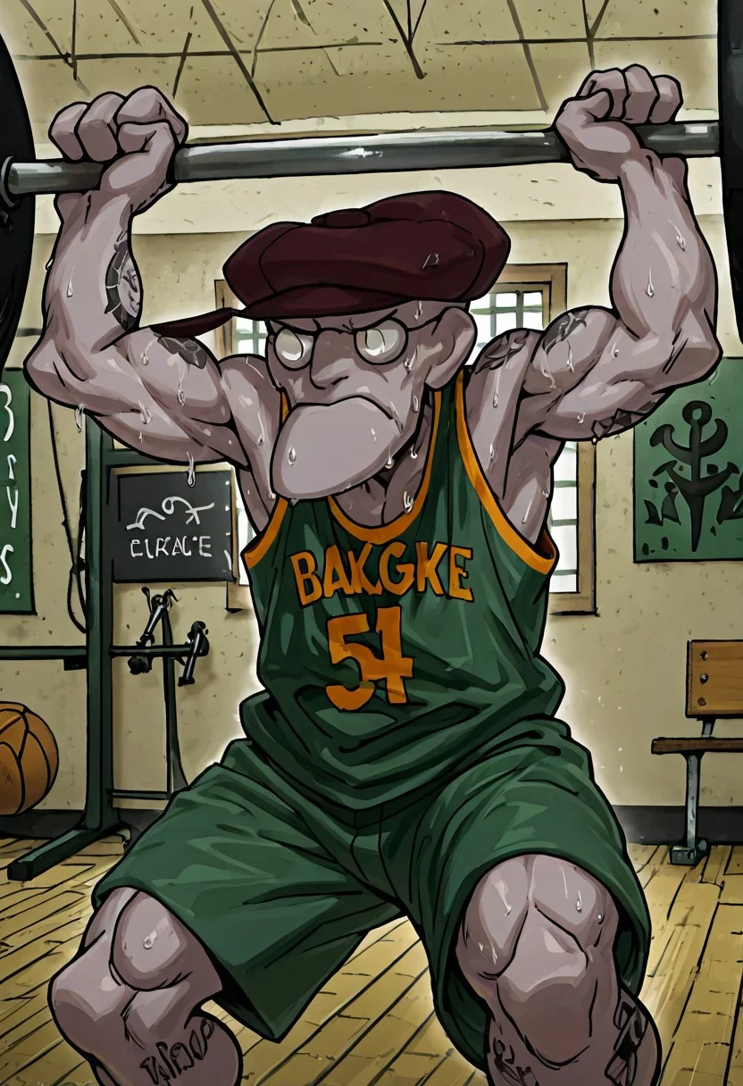Masterpiece, absurdres, best quality, 1boy, solo, Eustace, Bagge, basketball jersey, shorts, hat, glasses, grumpy expression, extremely muscular, bodybuilder physique, sweating, strained expression, arm tattoos, anchor tattoo, bulging biceps, bench press, lifting barbell in a gym, detailed background, gym setting, gym background,