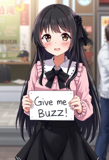 score_4,score_5,score_6,score_7_up,score_8_up,score_9 ((masterpiece,best quality,ultra detailed,highres,HD,4k:1.2)), 
1 girl,solo,face focus,
fuyuko mayuzumi, black hair, brown eyes, long hair, two side up,
black bow, black bowtie, black ribbon, black skirt, bow, bowtie, frilled shirt, frills, jirai kei, long sleeves, neck ribbon, pink shirt, ribbon, shirt, skirt, white shirt,
(("Give me Buzz.",Beggars Borad,Holding a sign, holding a sign that says, "Give me Buzz."))
open mouth,happy,blush, looking at viewer, smile,
