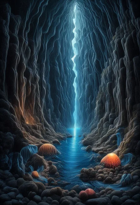 "Create a hyper-realistic photographic image illustrating a surreal and imaginary scene that integrates elements of water. Picture a colossal waterfall cascading from the sky, merging with a tranquil ocean that has floating islands made of translucent crystals. From the depths of the water emerges a giant, glowing jellyfish, its tentacles weaving through the air, casting iridescent lights. The scene should blend the fluidity of water with otherworldly, dreamlike elements, adding an ethereal, magical atmosphere. The image should have high contrast, vibrant colors, and be shot with a wide-angle lens to capture the grandeur of the scene. Style it with a mix of fantasy and realism, emphasizing the reflections and ripples in the water."