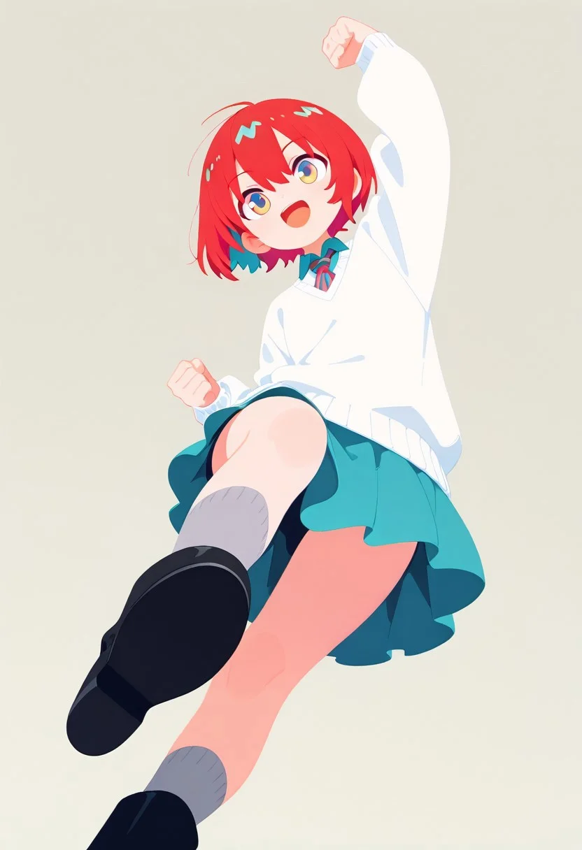masterpiece, best quality, amazing quality, 1girl,
amate, red hair, multicolored hair, short hair, multicolored eyes, aqua shirt, striped necktie, white sweater, aqua skirt, grey socks striped red, black boots, :D,
Jumping,
one arm with the fist raised,
other arm bent against the body,
dynamic pose,
cowboy shot,
(from below:1.5),
foot focus,
colorful themes,
high saturation,
cute girl,
haiz_ai,
no lineart, no outline,