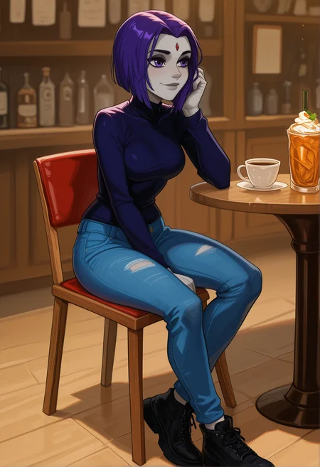 Best quality, <lora:Illustrious\Characters\Raven.safetensors:0.4>,raven \(dc)\ raven, purple hair, purple eyes, grey skin, forehead jewel, colored skin, medium breasts, grey skin, jeans, lowleg pants, smile, looking ahead, sitting, cafe, table, chair,