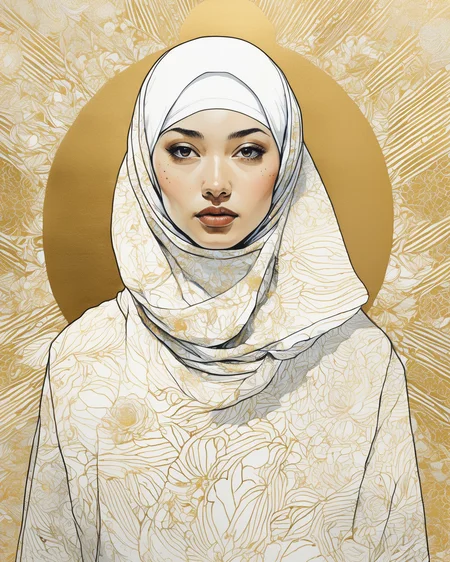 a woman wearing a white and gold hijab , art by Yuko Shimizu , art by Oliver Jeffers , art by Sammy Harkham , art by Simone Massoni