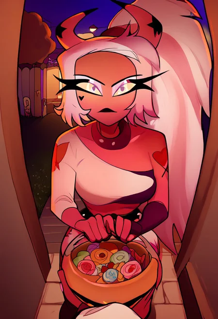 score_9, score_8_up, score_7_up, 1girl, tr1ck0rtr3at, holding, halloween bucket, doorway, door, street background, halloween costume. witch, candies. night, halloween, pov, hand, Verosika apology tour, VerosikaMayday, VerosikaApologytour