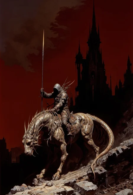 This is a high-quality painting, showcasing a dark, fantastical scene. A hooded figure in tattered robes rides a gargantuan abomination monster dragon atop a jagged rock. The background features a towering, gothic spire against a dark red sky with scattered clouds. The image has a very high subjective aesthetic quality, with intricate details and a rich color palette. The lighting is dramatic enhancing the enigmatic scene and the eerie, in mysterious haze drenched atmosphere. Finest details, ultimate detail level, masterpiece, highly artistic, best composition.
