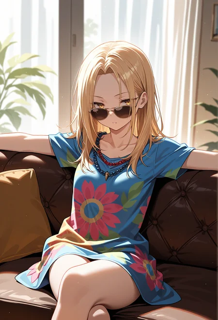 masterpiece, best quality, high quality, anime, solo,
<lora:AEAnna:1> AEAnna, yellow eyes, blonde hair, parted bangs, forehead, sunglasses, multicolored dress, hippie, looking over eyewear,  short sleeves, psychedelic dress, on couch, spread arms, crossed legs, indoors,