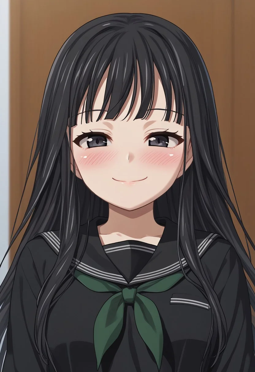 1girl, solo, byakuya rinne, black eyes, black serafuku, green neckerchief, upper body, portrait, face focus, smile, blush, source_anime, score_9