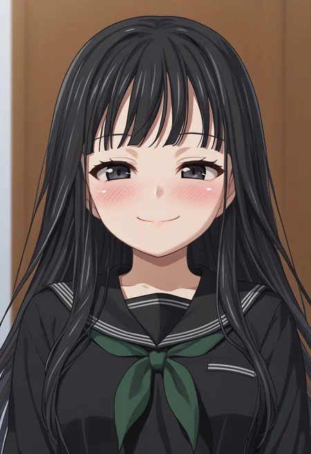 1girl, solo, byakuya rinne, black eyes, black serafuku, green neckerchief, upper body, portrait, face focus, smile, blush, source_anime, score_9