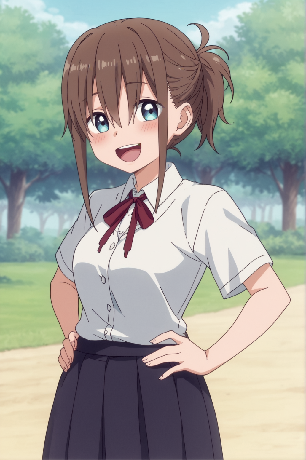 score_9, score_8_up, score_7_up,anime_source, source_anime, best background, detailed background, anime screencap,  Maegami,  neck ribbon, red ribbon, ribbon, school uniform, shirt, skirt, outdoors, blush, happy, dynamic angle, dynamic pose, hands on hips, <lora:JN_Maegami:0.8>