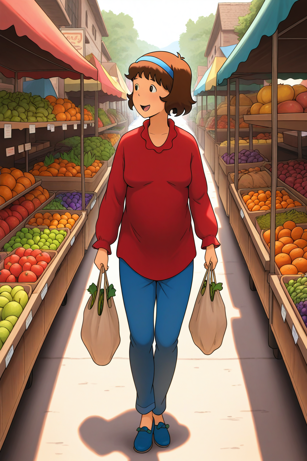 masterpiece, best quality, amazing quality, absurdres, solo, cailloudoris, smile, open mouth, walking, holding bag, shopping, looking away, short brown hair, blue hairband, red shirt, blue pants, blue shoes, outdoors, market, fruits, vegetables