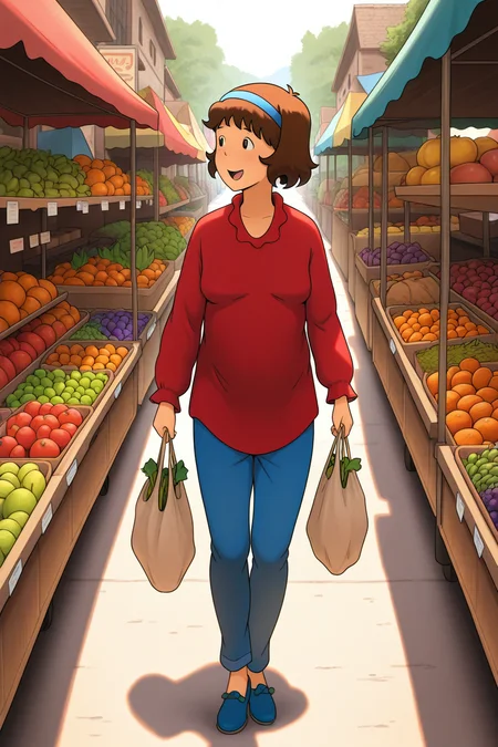 masterpiece, best quality, amazing quality, absurdres, solo, cailloudoris, smile, open mouth, walking, holding bag, shopping, looking away, short brown hair, blue hairband, red shirt, blue pants, blue shoes, outdoors, market, fruits, vegetables