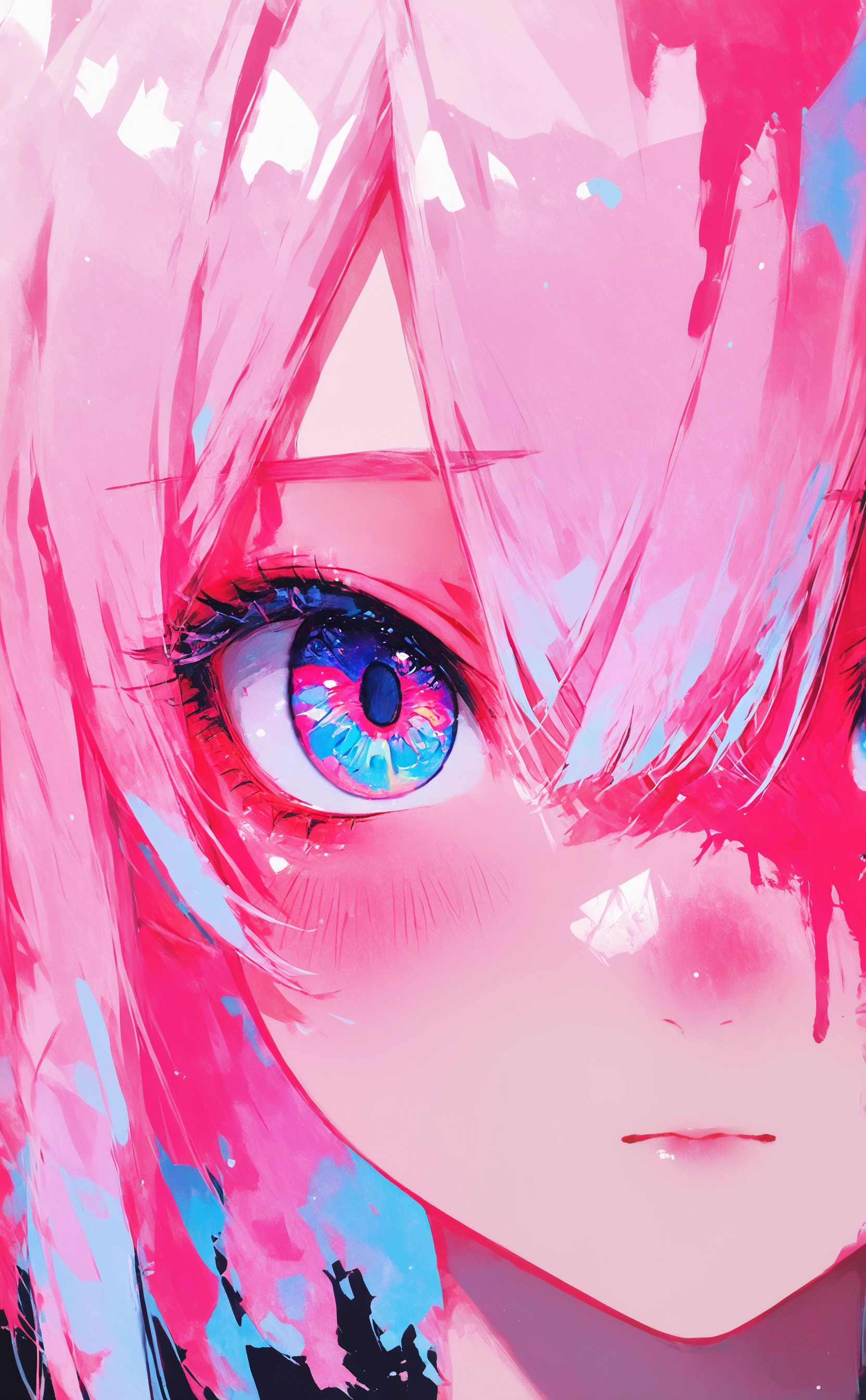 masterpiece, best quality, amazing quality, 1girl, solo, looking at viewer, blush, blue eyes, hair between eyes, closed mouth, pink hair, portrait, close-up, multicolored eyes, pink theme, colorful, eye focus, Cinematic Lighting, Karinami Inkblush mode,thick ink outlines,soft marker gradients,era 2020s indie illustration,(Inkblush style:1.2), <lora:noobai_ep11_stabilizer_v0.138_fp16:0.3> <lora:XXX667:0.6> <lora:lpc_v10:0.7> <lora:96YOTTEA-WAI:0.6> <lora:Karinami_Inkblush_mode_Illustrious_clean:0.6>