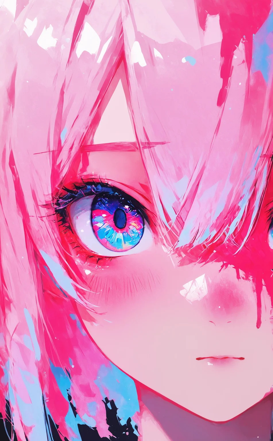 masterpiece, best quality, amazing quality, 1girl, solo, looking at viewer, blush, blue eyes, hair between eyes, closed mouth, pink hair, portrait, close-up, multicolored eyes, pink theme, colorful, eye focus, Cinematic Lighting, Karinami Inkblush mode,thick ink outlines,soft marker gradients,era 2020s indie illustration,(Inkblush style:1.2), <lora:noobai_ep11_stabilizer_v0.138_fp16:0.3> <lora:XXX667:0.6> <lora:lpc_v10:0.7> <lora:96YOTTEA-WAI:0.6> <lora:Karinami_Inkblush_mode_Illustrious_clean:0.6>