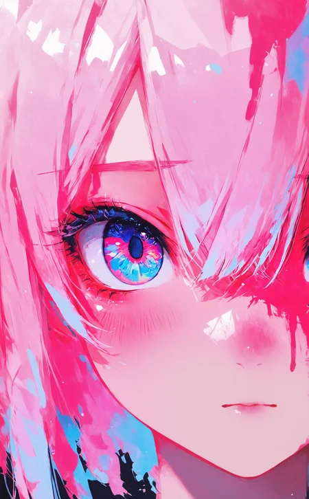masterpiece, best quality, amazing quality, 1girl, solo, looking at viewer, blush, blue eyes, hair between eyes, closed mouth, pink hair, portrait, close-up, multicolored eyes, pink theme, colorful, eye focus, Cinematic Lighting, Karinami Inkblush mode,thick ink outlines,soft marker gradients,era 2020s indie illustration,(Inkblush style:1.2), <lora:noobai_ep11_stabilizer_v0.138_fp16:0.3> <lora:XXX667:0.6> <lora:lpc_v10:0.7> <lora:96YOTTEA-WAI:0.6> <lora:Karinami_Inkblush_mode_Illustrious_clean:0.6>
