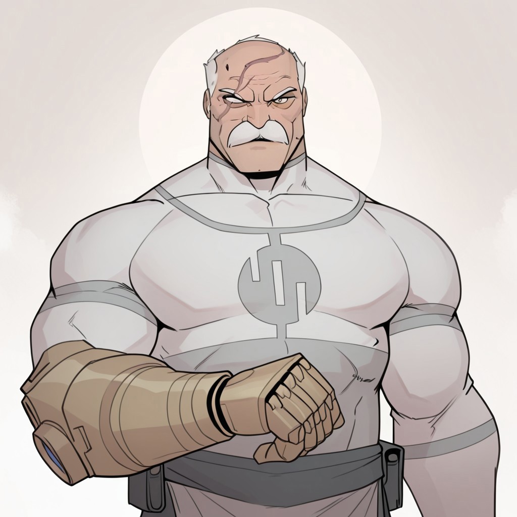 masterpiece, best quality, newest, absurdres, highres, arbuz_budesh, 1boy, Conquest-ISV-V1.0 old man, white hair, mustache, facial hair, scar, blind eye, single mechanical arm,