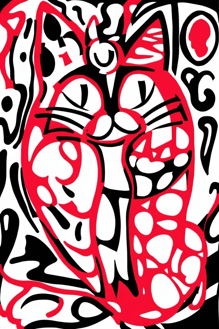large outline of a cat in red shading, surrounded by many black and white shapes, doodle art style <lora:Doodle_XL_V1:1>
