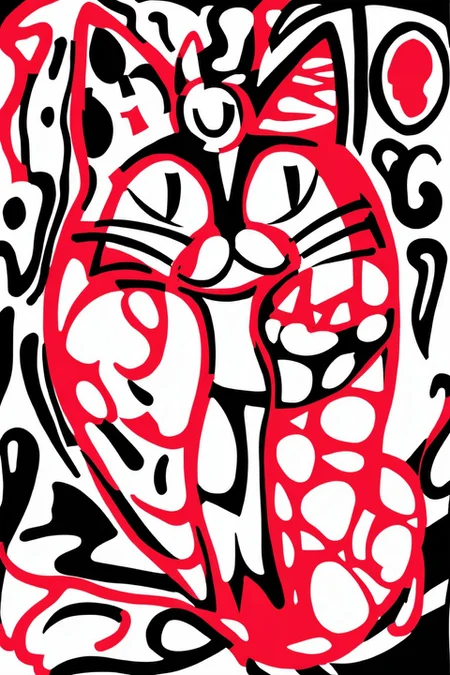 large outline of a cat in red shading, surrounded by many black and white shapes, doodle art style <lora:Doodle_XL_V1:1>