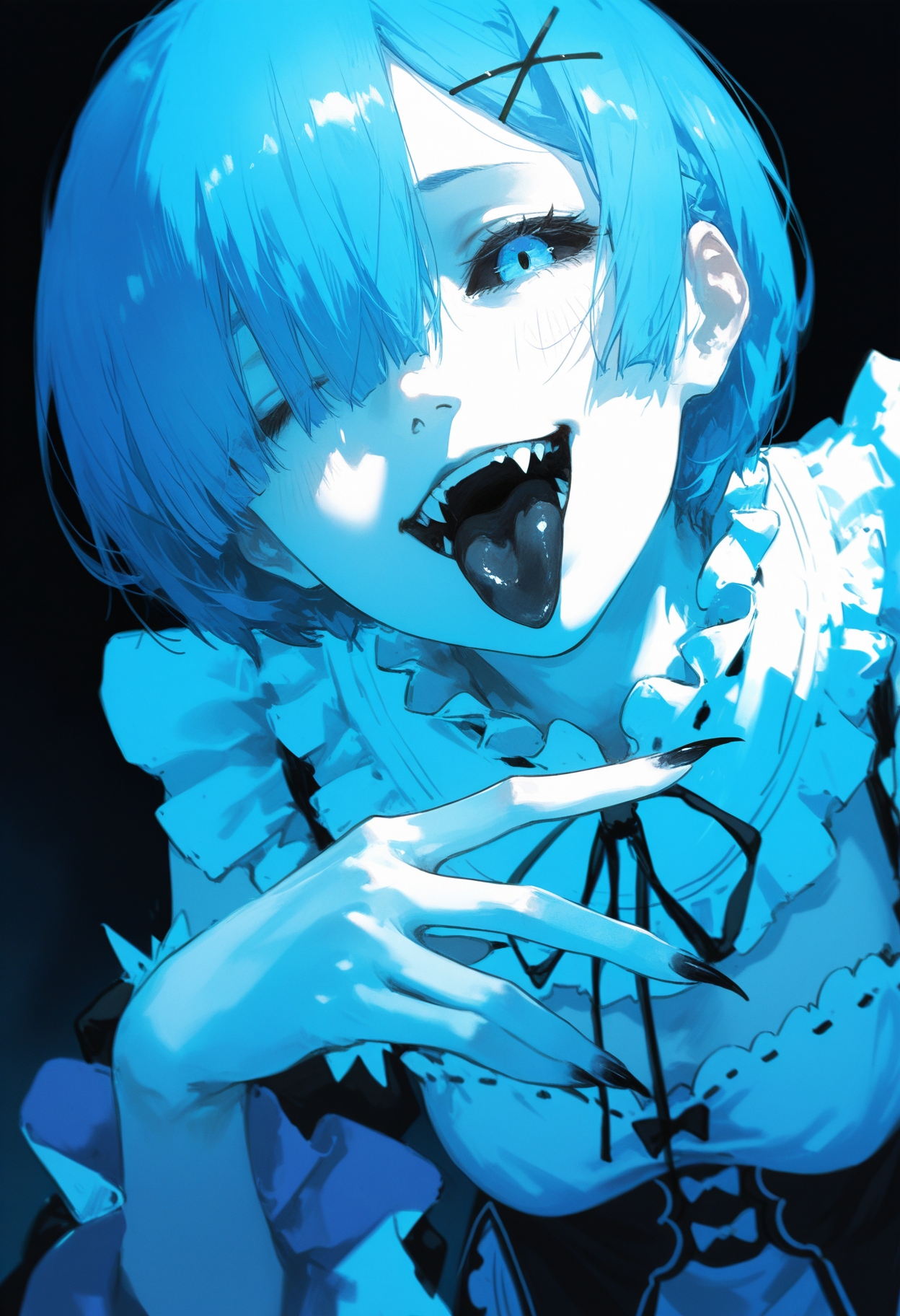 (by konya karasue,  by dino \(dinoartforame\):1.1), film grain, cinematic, limited palette, realistic, sketch, (blue theme:1.2),
masterpiece, best quality, amazing quality, very aesthetic,
1girl, solo, facing viewer, portrait, upper body,
leaning forward, foreshortening, rem \(re:zero\), black sclera, half-closed eyes, blue eyes, smirk, tongue out, black tongue, staring, looking down, looking at viewer, hand on own lips, long fingers, sharp fingernails, black nails, black lips, from below, one eye closed, fangs,
black background,
<lora:nhl-001-20:0.75> nhl-001