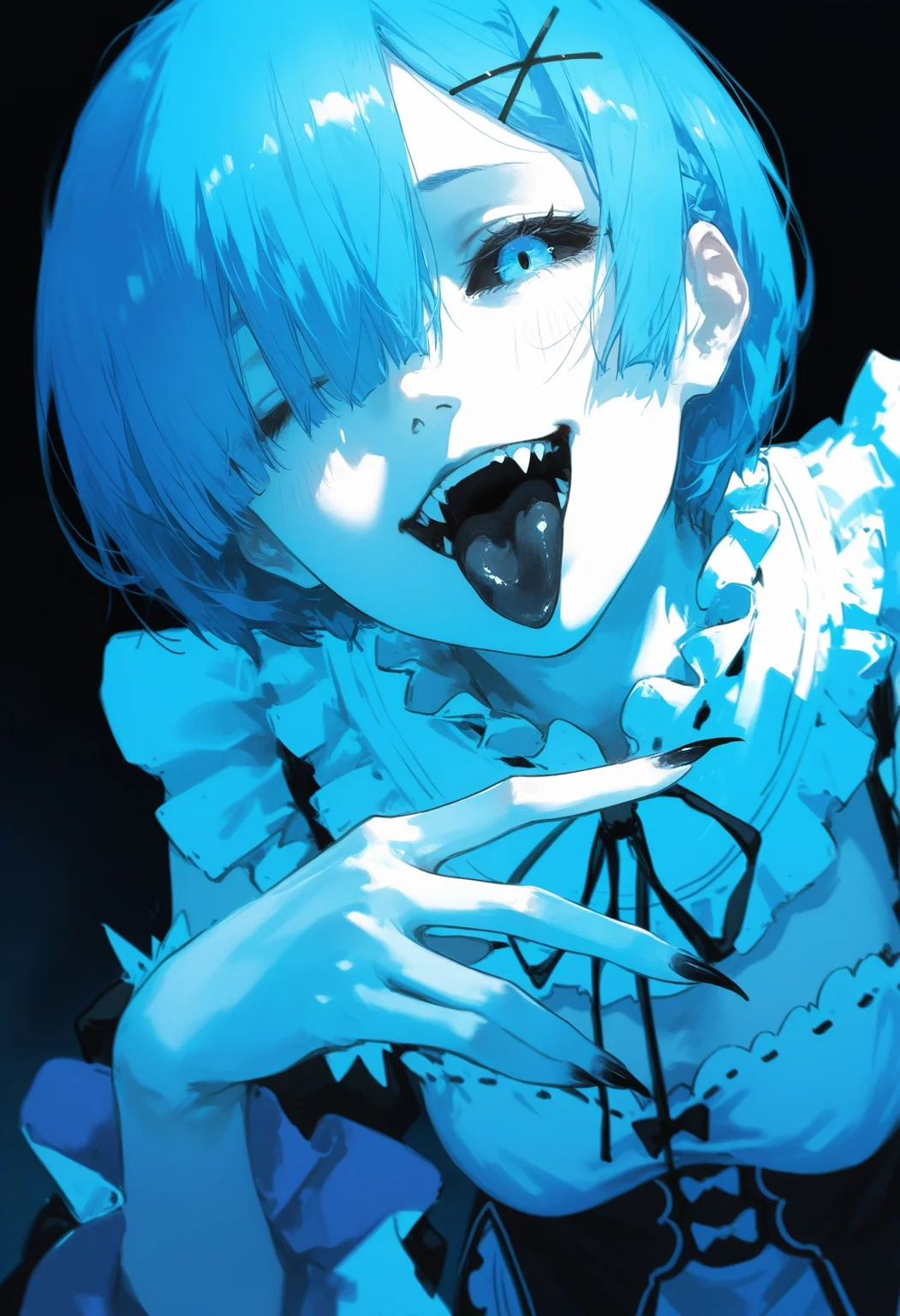 (by konya karasue, by dino \(dinoartforame\):1.1), film grain, cinematic, limited palette, realistic, sketch, (blue theme:1.2),
masterpiece, best quality, amazing quality, very aesthetic,
1girl, solo, facing viewer, portrait, upper body,
leaning forward, foreshortening, rem \(re:zero\), black sclera, half-closed eyes, blue eyes, smirk, tongue out, black tongue, staring, looking down, looking at viewer, hand on own lips, long fingers, sharp fingernails, black nails, black lips, from below, one eye closed, fangs,
black background,
<lora:nhl-001-20:0.75> nhl-001