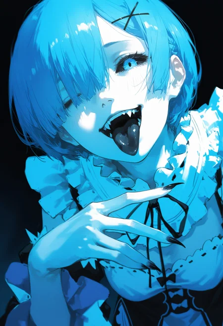 (by konya karasue, by dino \(dinoartforame\):1.1), film grain, cinematic, limited palette, realistic, sketch, (blue theme:1.2),
masterpiece, best quality, amazing quality, very aesthetic,
1girl, solo, facing viewer, portrait, upper body,
leaning forward, foreshortening, rem \(re:zero\), black sclera, half-closed eyes, blue eyes, smirk, tongue out, black tongue, staring, looking down, looking at viewer, hand on own lips, long fingers, sharp fingernails, black nails, black lips, from below, one eye closed, fangs,
black background,
<lora:nhl-001-20:0.75> nhl-001