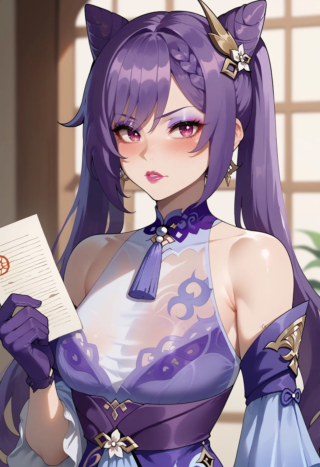 score_9,score_8_up,score_7_up, <lora:nyantcha_style_pdxl_v2_goofy:1> 1girl, keqing (genshin impact), cone hair bun, purple hair, twintails, makeup, purple gloves, breasts, purple eyes, hair ornament, lipstick, neck tassel, holding paper, blush, long hair, dress, earrings, hair ears, thick lips, jewelry, detached sleeves, looking at viewer, double bun, braid, purple choker, upper body, bare shoulders, eyeshadow, bra visible through clothes, eyeliner