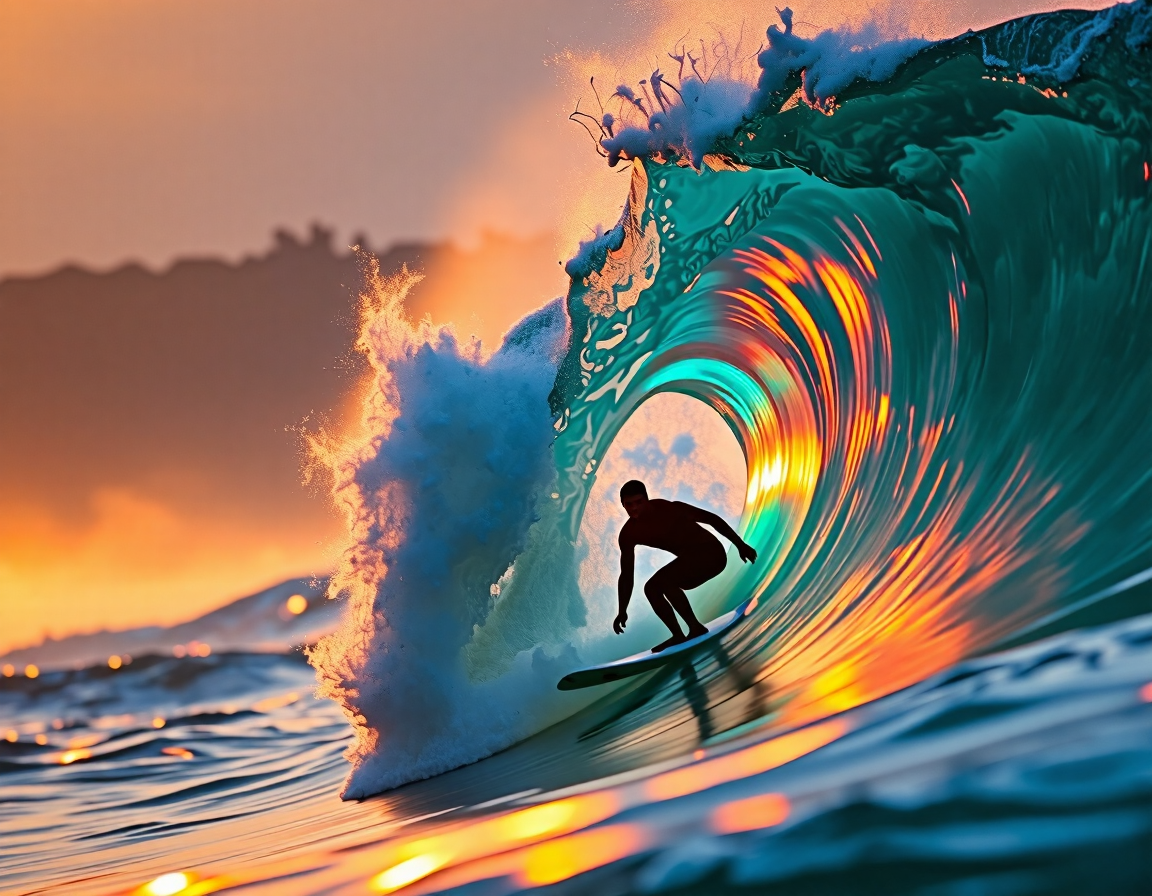 A solo surfer riding a tube on a large, iridescent wave. The wave has a mesmerizing, shifting rainbow hue, with sharp highlights and deep shadows. The surfer is in a dynamic, crouched pose, focused and powerful. The background is a vast ocean with distant, misty horizons. The lighting is dramatic, with golden sunlight breaking through the wave's crest, casting long shadows. The scene is captured in a cinematic style, emphasizing the intensity and beauty of the moment.