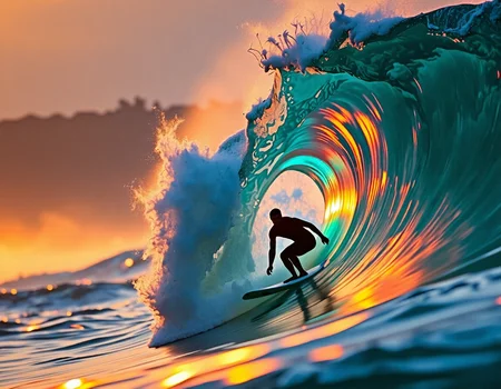 A solo surfer riding a tube on a large, iridescent wave. The wave has a mesmerizing, shifting rainbow hue, with sharp highlights and deep shadows. The surfer is in a dynamic, crouched pose, focused and powerful. The background is a vast ocean with distant, misty horizons. The lighting is dramatic, with golden sunlight breaking through the wave's crest, casting long shadows. The scene is captured in a cinematic style, emphasizing the intensity and beauty of the moment.