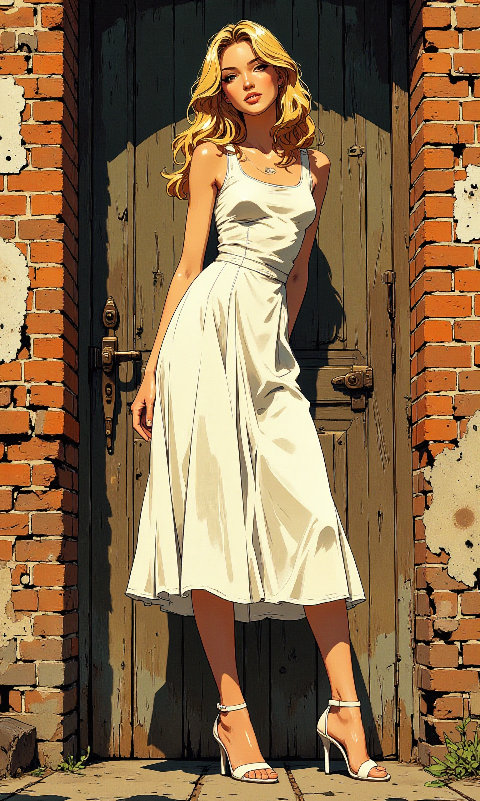 This image captures a stylish and elegant scene featuring a woman standing in front of a rustic wooden door set within a brick wall. The woman is dressed in a white, sleeveless dress that has a flared skirt, giving her a classic and chic look. Her long, wavy blonde hair cascades down her shoulders, adding to the overall elegance of her appearance.
Frog perspective.
She is wearing white high-heeled sandals, which complement her dress perfectly. Her pose is confident and poised, with one hand resting on the door frame and the other slightly behind her back. Her expression is serene and composed, suggesting a moment of quiet confidence.
The background features a weathered wooden door with a rich, dark color that contrasts beautifully with the bright white of her dress. The brick wall surrounding the door adds a touch of rustic charm to the scene, with its textured surface and warm tones. The overall composition of the image is balanced and visually appealing, capturing a moment of timeless beauty and style.
BREAK anime, bboil artist style, <lora:FLUX\Synesthesia:0.2>, <lora:FLUX\RetroAnimeS1.1:0.4>, <lora:FLUX\Flux-jijia:0.1>, <lora:FLUX\RM_Artistify_v1.0M:0.1>, <lora:FLUX\Organic Sauce - FLUX:0.6000000000000001>, <lora:FLUX\It's a LoRA for portraits, BUT! actually specialized in backgrounds. v1.0:0.30000000000000004>, <lora:FLUX\Dieselpunk Delight - s0_9 g4:0.4>