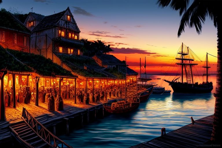 (masterpiece:1.2), (best quality,:1.2), 8k, HDR, ultra detailed, ((photorealistic)), perfect anatomy, professional light, cinematic lighting, fashion photography, ambient lighting, pire, ships, pier outside a tavern over looking a busy harbor in the caribbean, colorful sunset
