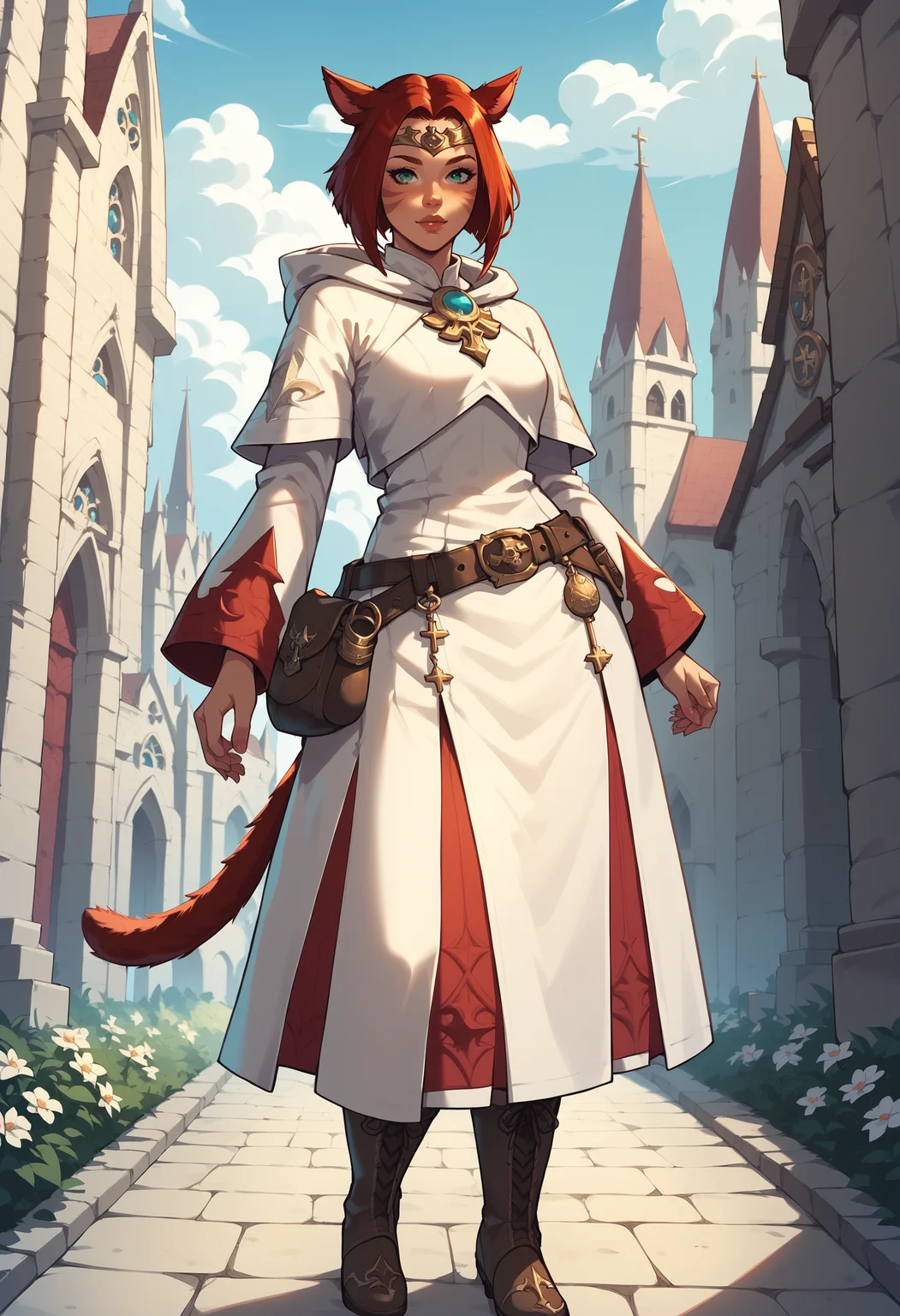zPDXL,score_9, score_8_up, score_7_up, source_anime, 1girl, solo, church, full body,
miqo'te, tail, red hair, bob cut, green eyes, short hair,
white mage, boots, belt, hood, pouch, robe, belt pouch, circlet <lora:Healers_Attire_FFXIV-White_Mage_AF1:.75>